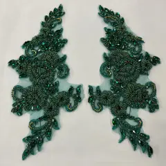 1 Pair Crystal Rhinestone Beaded & Corded Lace 100% Polyester, 12" x 5" Each Side Jade / Gold