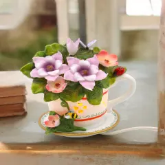 Ceramic Columbine Flower in Teacup Nightlight, Home Decor, Gift for Her, Gift for Mom