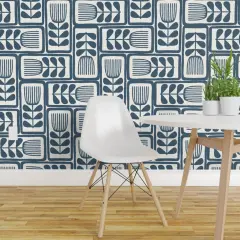 Pre-Pasted Wallpaper 2FT Wide Retro Block Print Blue Abstract Flowers Minimal Stamped Japandi Custom Pre-pasted Wallpaper by Spoonflower