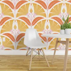 Peel & Stick Wallpaper 2FT Wide Art Deco Flowers Yellow Orange Pink Large Scale Geometric Scallop Mid Century Bold Custom Removable Wallpaper by Spoonflower