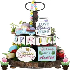 12 Pcs Spring Tray Decor Set Hello Spring Decor Wooden Truck Tulip Flower Table Signs Rustic Farmhouse Spring Decorations for Home Kitchen Tabletop Holiday Party Decor