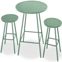 Best Choice Products 3-Piece Steel Patio Bar Height Round Bistro Set w/ Backless Stools, Slatted Design Sage