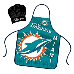 Mojo Licensing Miami Dolphins Apron Chef Hat Set Full Color Universal Size Tie Back Grilling Tailgate BBQ Cooking Host