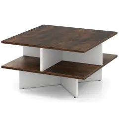 Rustic Brown Engineered Wood Coffee Table with Storage Compartments 2 Tier