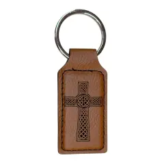Keychain - Rectangle - Celtic Cross - Leather Rawhide/Black
