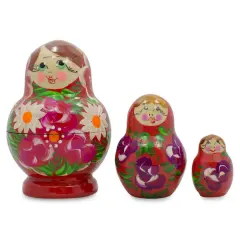 Set of 3 Floral Red MiniatureNesting Dolls 3.5 Inches
