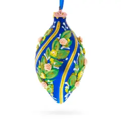 Swirl Roses on Blue Pointed Teardrop Finial Glass Christmas Ornament