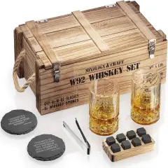 Whiskey Stones Gift Set, Whiskey Glass and Stones Set with Wooden Army Crate, 8 Granite Whiskey Rocks Chilling Stones and 10oz Whiskey Glasses, Whiskey Gift for Men, Dad, Husband
