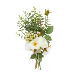 White Silk Roses, Eucalyptus and Berry Bridal Bouquet, Wedding Centerpiece (15.7x7 In)