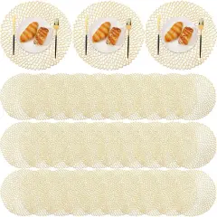 48 Packs Gold Round Placemats 15 Inch Hollow Out Pressed Vinyl Place Mats Bulk, Non Slip Washable PVC Chargers Place Mat for Christmas Dining Wedding Holiday Party Home Kitchen Dinner Table