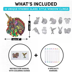 10 Sun catchers Stained Glass Mandala Art Kit - Animal DIY Window Clings with Markers, Perfect Hobby for Adults, Kids, Teens & Seniors - Ideal Gift for Beginners, Women & Elderly