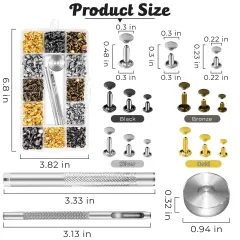420 Set Leather Rivets Kit, Double Cap Brass Rivets Leather Studs with 3PCS Setting Tools for Leather Repair and Crafts, 4 Colors and 3 Sizes