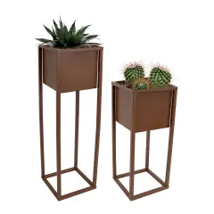 Modern Simplicity 8.25" Square Planters - 19.75" H and 27" H - Brown