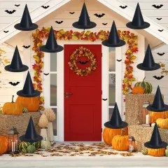 Witch hat 12 Pack Halloween Witch Hats with 108 Feet Hanging Rope 32Pcs 3D Bats, Hanging Witch Hats Halloween Decor Witches Costume Accessory for Halloween Party Favor