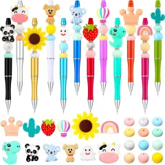 12 Pieces Beadable Pens Kit with Silicone Focal Beads, Animal Style, Black Ink, for DIY School Supplies Classic style