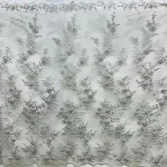 1 Yard Beaded Floral Lace Fabric Embroidered on 100% Polyester Net Mesh 51" Width Silver