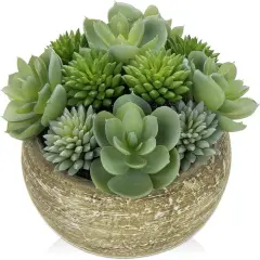 Artificial Succulent Arrangement in Cement Pot Fake Succulent Plant with Modern Gray Bowl Planter Faux Green Succulent for Home Living Room Shelf Desk Table Indoor Decor