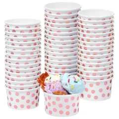 50-Pack Paper Ice Cream Cups for Frozen Yogurt, Sundae Bar, Parfaits, Treats, Diners, Restaurants, Bakeries, Disposable Dessert Bowls with Rose Gold Foil Polka Dots (8 oz) White