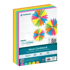 PrintWorks Neon Cardstock, 5 Assorted Colors, Solid Core, 200 Sheets, 8.5&rdquo; x 11&rdquo; (00597)