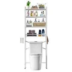 Over the Toilet Storage Shelf with 4 Tiers Adjustable Shelves and Hooks Freestanding Metal White