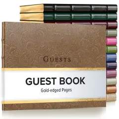 Gallery Leather Guest Book Special Events, add Photos, 192 Lined Pages, Bonded Leather, Hardcover, Gold-Gilded, Guestbook Floral espresso