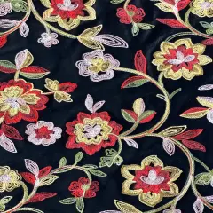 1 Yard Briony Multicolor Floral Embroidered Stretch Velvet Fabric 52 Inches Width Red