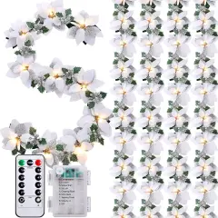 5 Pcs Prelit Poinsettia Winter Christmas Garland with Lights Glitter