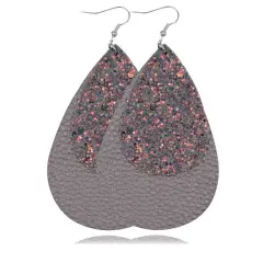 Two-Layer Teardrop Leather Earrings Women Boho Drop Dangle Hook Jewelry Grey 2