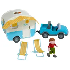 HABA Little Friends Vacation Camper Play Set with All Terrain Push & Go Vehicle, 2 Lawn Chairs and 4" Bendy Boy Doll Figure Multicolor