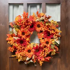 Northlight Mums and Berries with Fiery Foliage Fall Harvest Wreath - 24" Orange