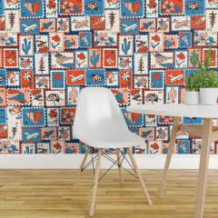 Peel & Stick Wallpaper 2FT Wide Vintage Retro Novelty Mail Stamps Letters Postage Eclectic Stamp Collection Red And Blue Writing Flowers Train Plane Birds Boats Unique Custom Removable Wallpaper by Spoonflower