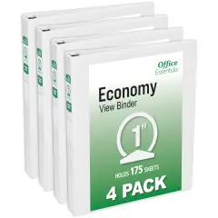 Office Essentials Economy View 3 Ring Binders, 1" Round Rings, 1.4" Spine, 175-Sheet Capacity, White Binders (4-Pack of 03126)