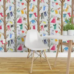 Pre-Pasted Wallpaper 2FT Wide Whimsical Laundry Clothes Trees Clothesline Room Dress Shorts Shirt Bathing Suit Colorful Stockings Playful Home Maker Socks Bikini Rustic Custom Pre-pasted Wallpaper by Spoonflower