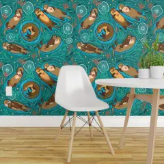 Peel & Stick Wallpaper 2FT Wide Love Otters Otter Animals Green Sea Sweet Swim Floating Couple River Water Baby Custom Removable Wallpaper by Spoonflower