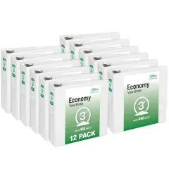 Office Essentials Economy View 3 Ring Binders, 3" Round Rings, 3.5" Spine, 460-Sheet Capacity, White Binders (12-Pack of 03430)