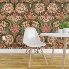 Pre-Pasted Wallpaper 2FT Wide Arts And Crafts Pink Green Hand Drawn Floral Scroll Traditional Heritage Revival Custom Pre-pasted Wallpaper by Spoonflower