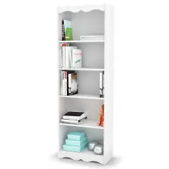 72" White Wood Bookcase with 5 Removable-Adjustable Shelves and Open Back Soft Arch Accents