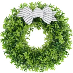 18" Faux Round Boxwood Wreath, Artificial Boxwood Wreath Front Door Wreaths Artificial Spring Summer Greenery Hanging with A Plaid Bow and sash for Front Door Wall Hanging Window Wedding Decor
