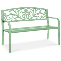 Best Choice Products Outdoor Steel Bench Garden Patio Porch Furniture w/ Floral Design Backrest Mint Green