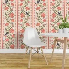 Peel & Stick Wallpaper 2FT Wide Floral Birds Stripe Cottage Vine Custom Removable Wallpaper by Spoonflower