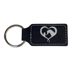 Keychain - Rectangle - Girl and Horse Heart - Leather Black/Silver