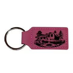 Keychain - Rectangle - Camping RV - Leather Pink/Black