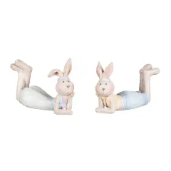 Laying Down Prone Thinking Easter Bunny Small Polyresin Figurines Set of 2