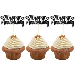 24 Pack Happy Anniversary Cupcake Toppers Black Glitter