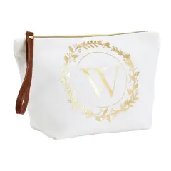 Gold Initial W Personalized Makeup Bag for Women, Monogrammed Canvas Cosmetic Pouch (White, 10 x 3 x 6 In)