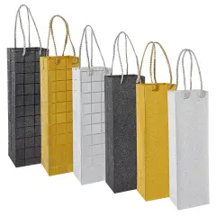 6 Pack Foiled Glitter Wine Bottle Gift Bags with Handles for Holidays, New Years, Birthdays (Silver, Black, Gold, 3.8 x 14 x 3.3 In)