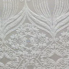 1 Yard White Damask Design Embroidered Mesh Lace Fabric for Bridal Gowns and Elegant Home Decor 48-50" Width