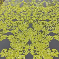 1 Yard Nude Iridescent Yellow Damask Design Embroidered Mesh Lace Fabric 48/50" Width