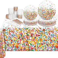 97 Pieces Confetti Sprinkles Tableware Set Disposable Tablecloth Paper Cups Dessert Plates Beverage Napkins for Party Decorations Wedding Birthday Party Favors