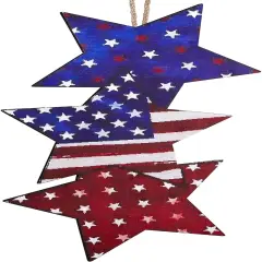 4th of July Hanging Door Sign Wooden Double Sided Patriotic Door Hanger Fourth of July Wall Decor Patriotic Stars USA Stars Porch Signs Independence Day Wall Hanging Memorial Day